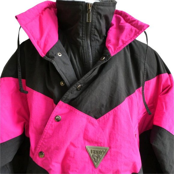 Vintage Other - Fera Skiwear Mens Insulated Jacket Black Neon Pink Colorblock Chevron Snaps